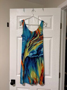 Vintage Abstract Print Sleeveless Dress | Blue Orange Retro Y2K Dress (Medium)